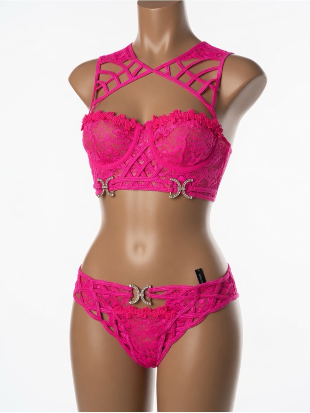 Hot Pink Lace Strappy Bralette & Bikini Set - Women Intimates